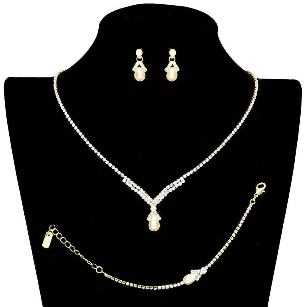 3PCS Teardrop Pearl Accented Rhinestone Necklace Jewelry Set - Madeline Love - Flyclothing LLC