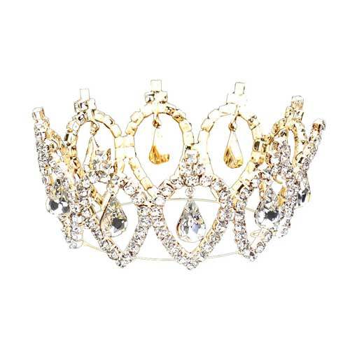 Pave Crystal Rhinestone Teardrop Dangle Mini Crown Tiara - Madeline Love - Flyclothing LLC