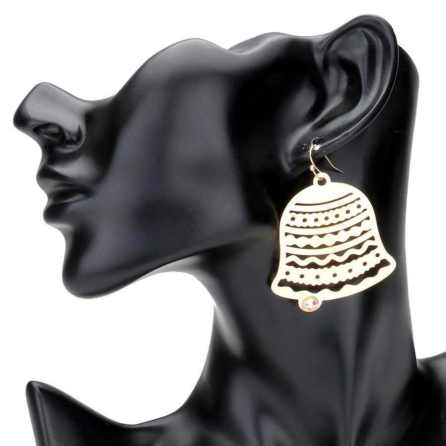 Stone Embellished Brass Metal Jingle Bell Dangle Earrings - Madeline Love - Flyclothing LLC
