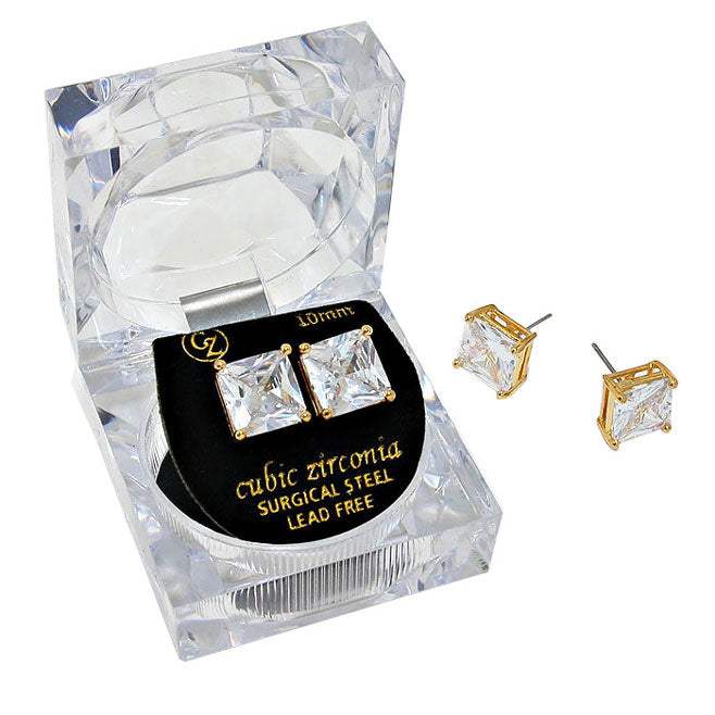 10mm Square Crystal Cubic Zirconia Stud Earrings in Clear Gift Box - Ready to Gift - Madeline Love - Flyclothing LLC