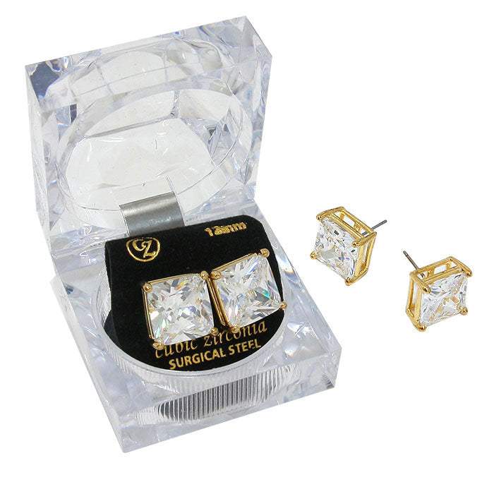 12mm Square Crystal Cubic Zirconia Stud Earrings in Clear Gift Box - Ready to Gift - Madeline Love - Flyclothing LLC