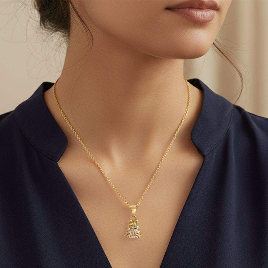 14K Gold Dipped CZ Stone Paved Festive Bell Pendant Necklace - Madeline Love - Flyclothing LLC