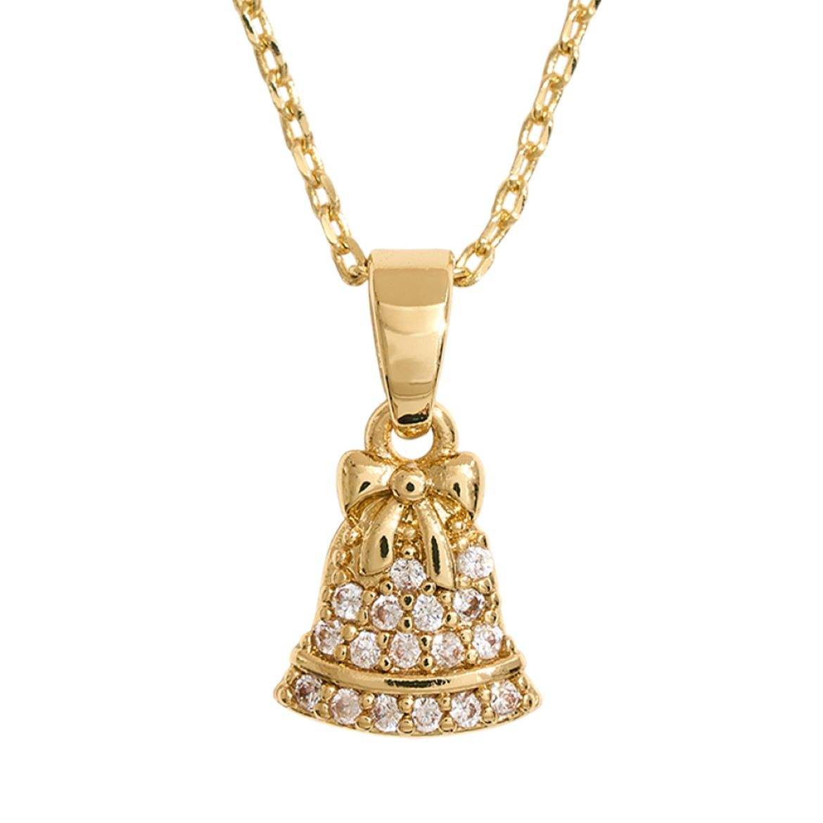 14K Gold Dipped CZ Stone Paved Festive Bell Pendant Necklace - Madeline Love - Flyclothing LLC