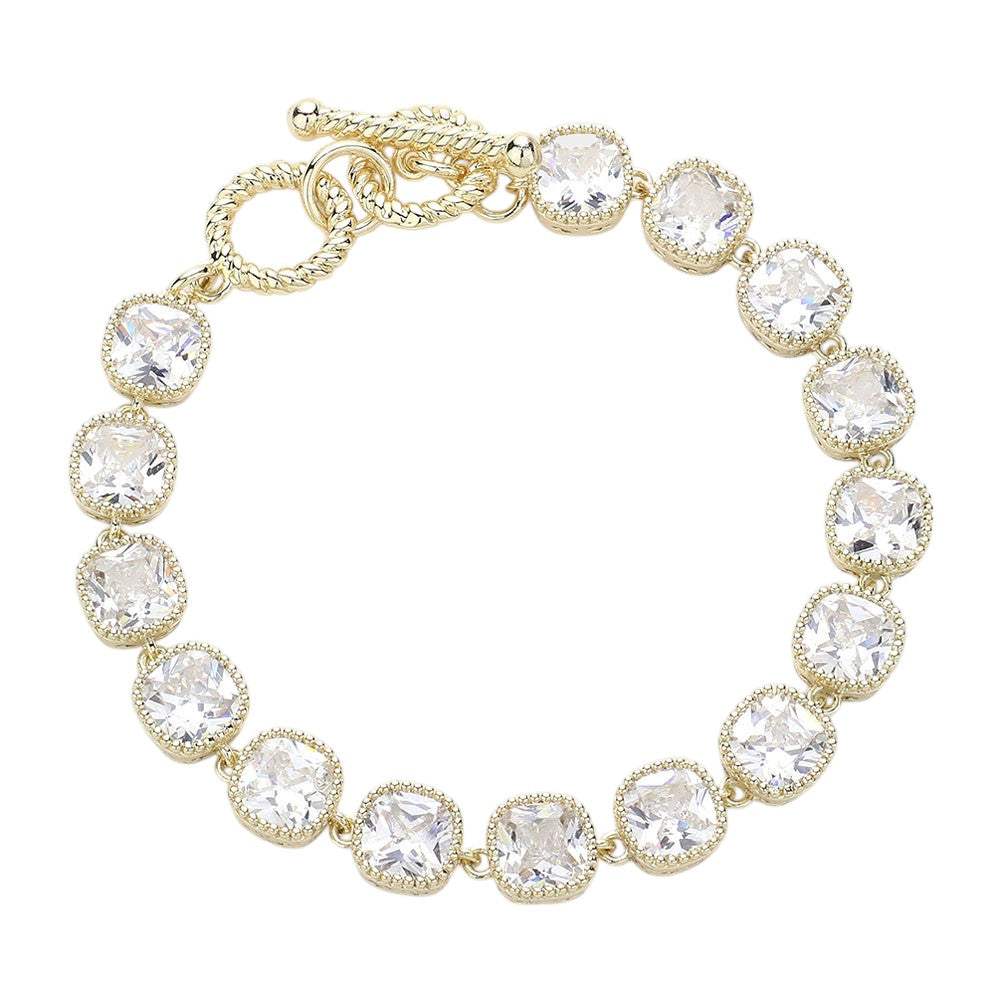 14K Gold Plated Square CZ Stone Link Evening Toggle Bracelet - Madeline Love - Flyclothing LLC