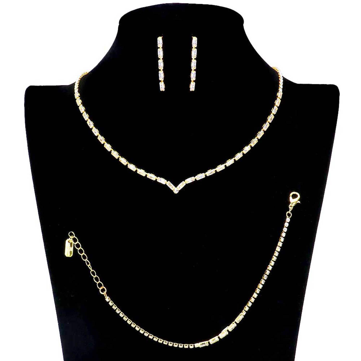 3PCS Chevron Accented Rectangle Stone Necklace Jewelry Set - Madeline Love - Flyclothing LLC