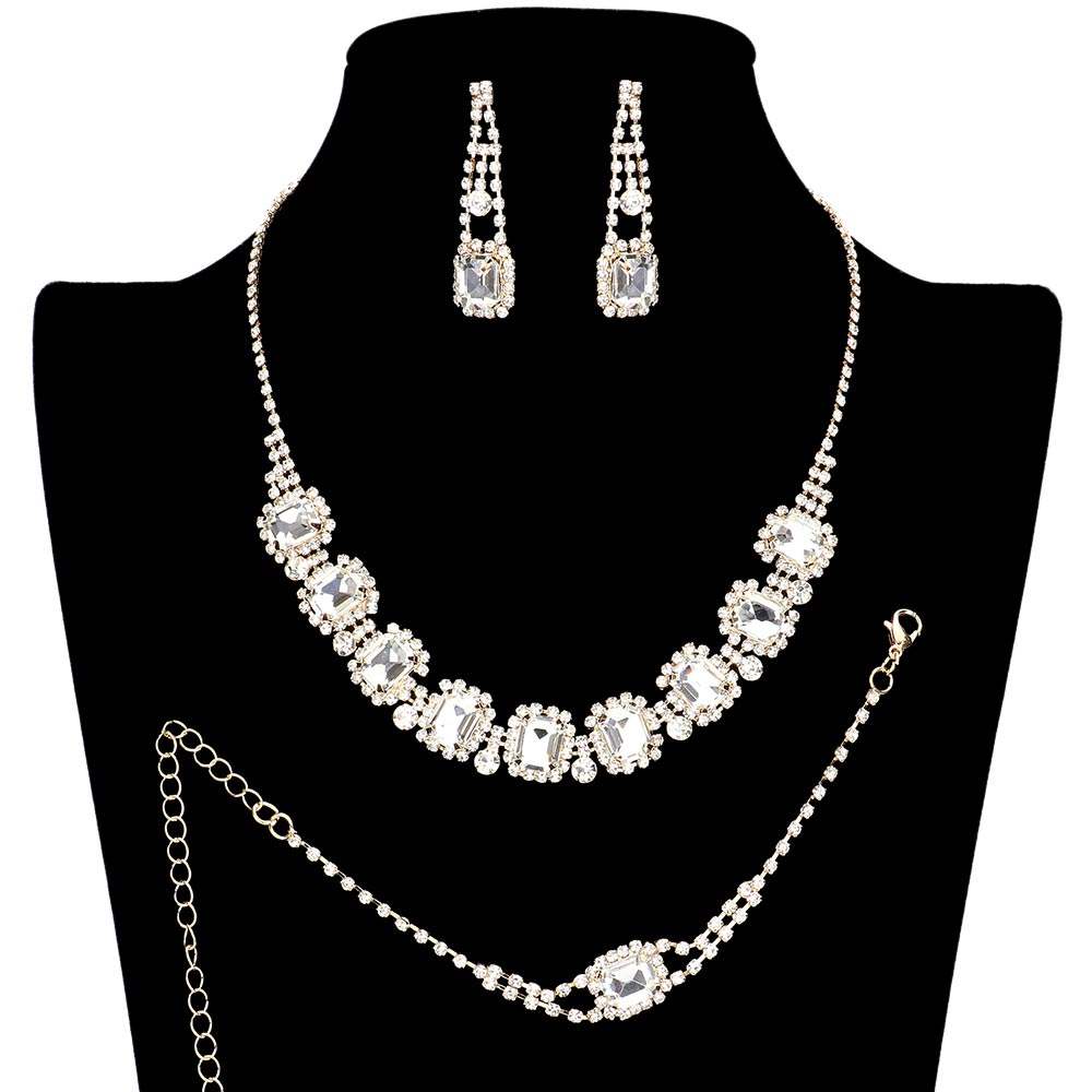 3PC Emerald Cut Stone Accented Rhinestone Jewelry Set - Madeline Love - Flyclothing LLC