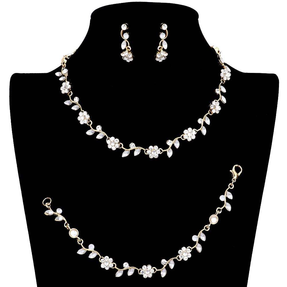 3PCS Flower Leaf Cluster Rhinestone Necklace Jewelry Set - Madeline Love - Flyclothing LLC