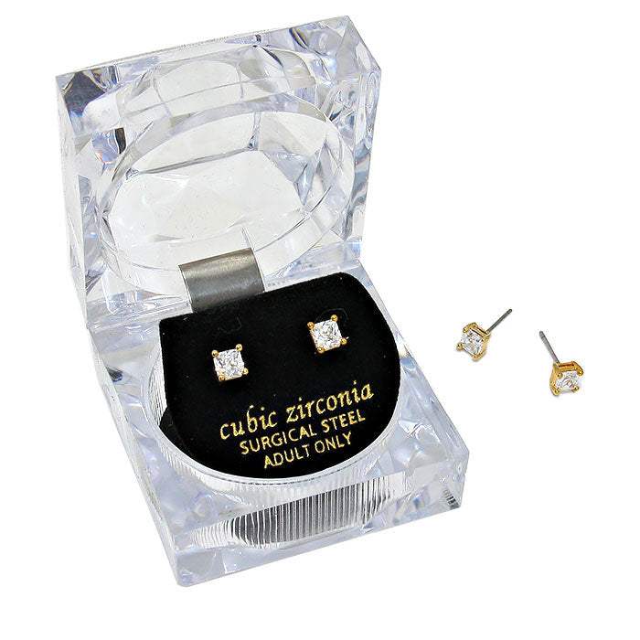 4mm Square Crystal Cubic Zirconia Stud Earrings in Clear Gift Box - Ready to Gift - Madeline Love - Flyclothing LLC