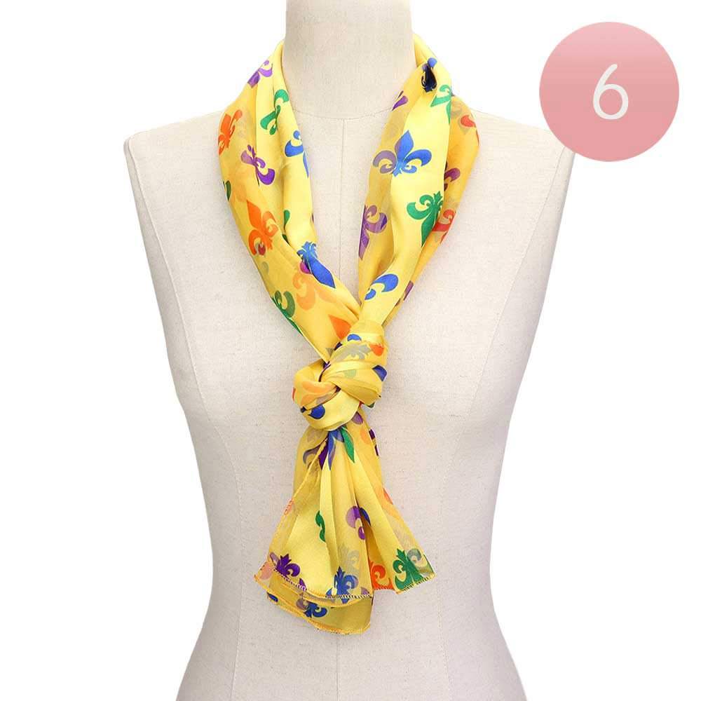 6PCS - Silk Feel Satin Mardi Gras Fleur de Lis Patterned Scarf - Madeline Love - Flyclothing LLC