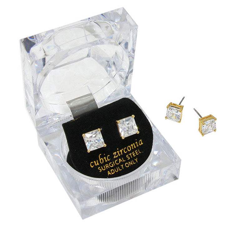 7mm Square Crystal Cubic Zirconia Stud Earrings in Clear Gift Box - Ready to Gift - Madeline Love - Flyclothing LLC