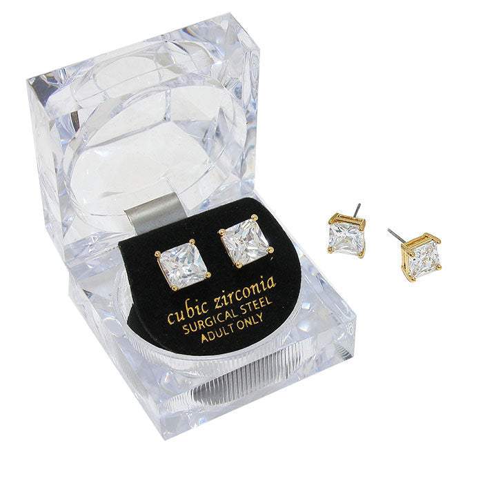 8mm Square Crystal Cubic Zirconia Stud Earrings in Clear Gift Box - Ready to Gift - Madeline Love - Flyclothing LLC