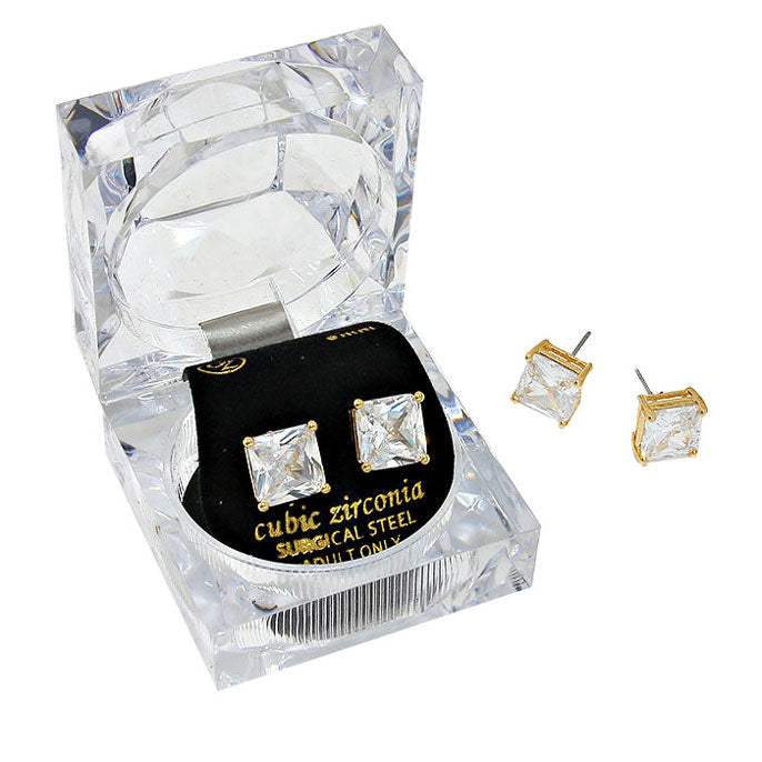9mm Square Crystal Cubic Zirconia Stud Earrings in Clear Gift Box - Ready to Gift - Madeline Love - Flyclothing LLC