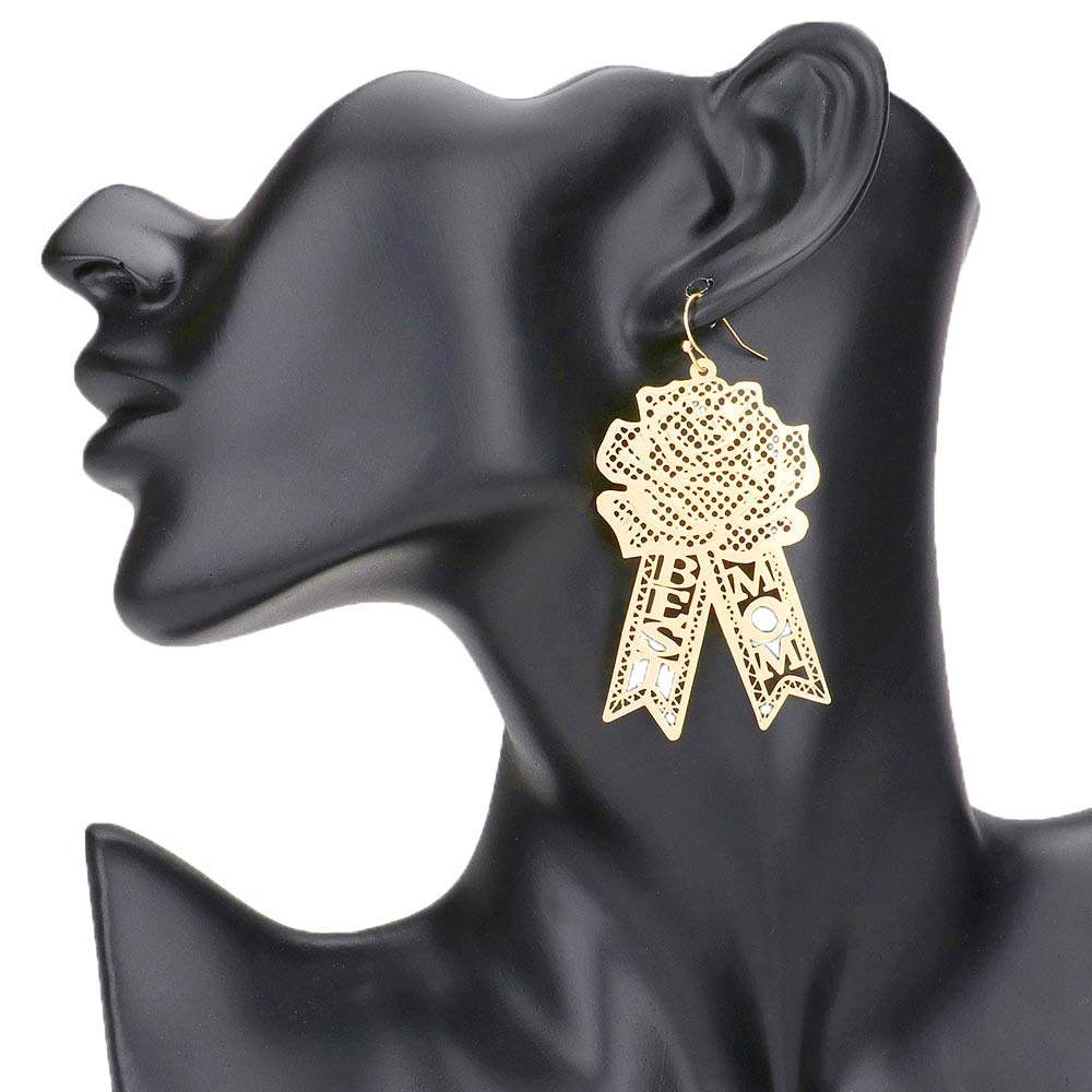 Best Mom Message Brass Metal Rose Flower Dangle Earrings - Madeline Love - Flyclothing LLC