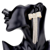 Bow Accented Rhinestone Long Drop Evening Earrings - Madeline Love - Flyclothing LLC