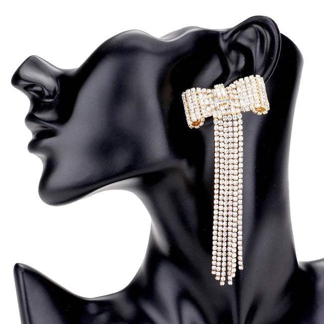 Bow Accented Rhinestone Long Drop Evening Earrings - Madeline Love - Flyclothing LLC