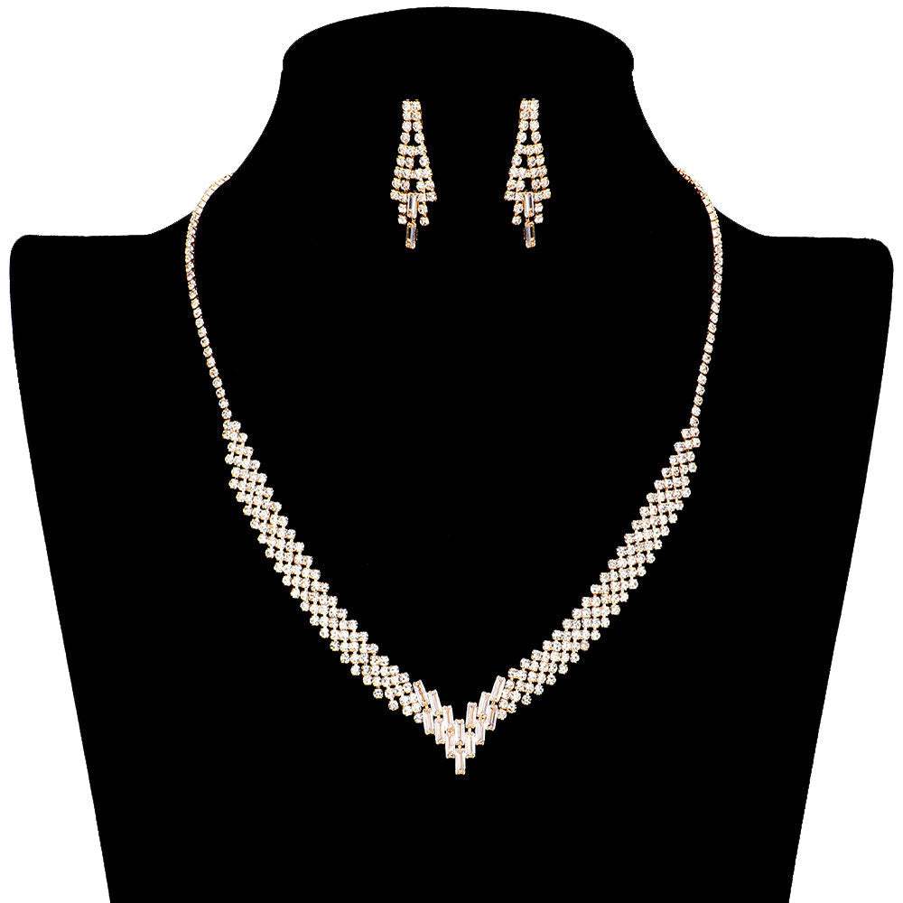 CZ Baguette Stone Pointed V Shaped Jewelry Set - Madeline Love - Flyclothing LLC