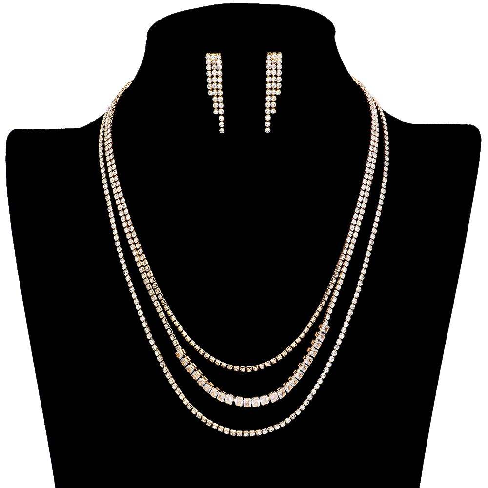 CZ Square Stone Detailed Triple Layered Jewelry Set - Madeline Love - Flyclothing LLC