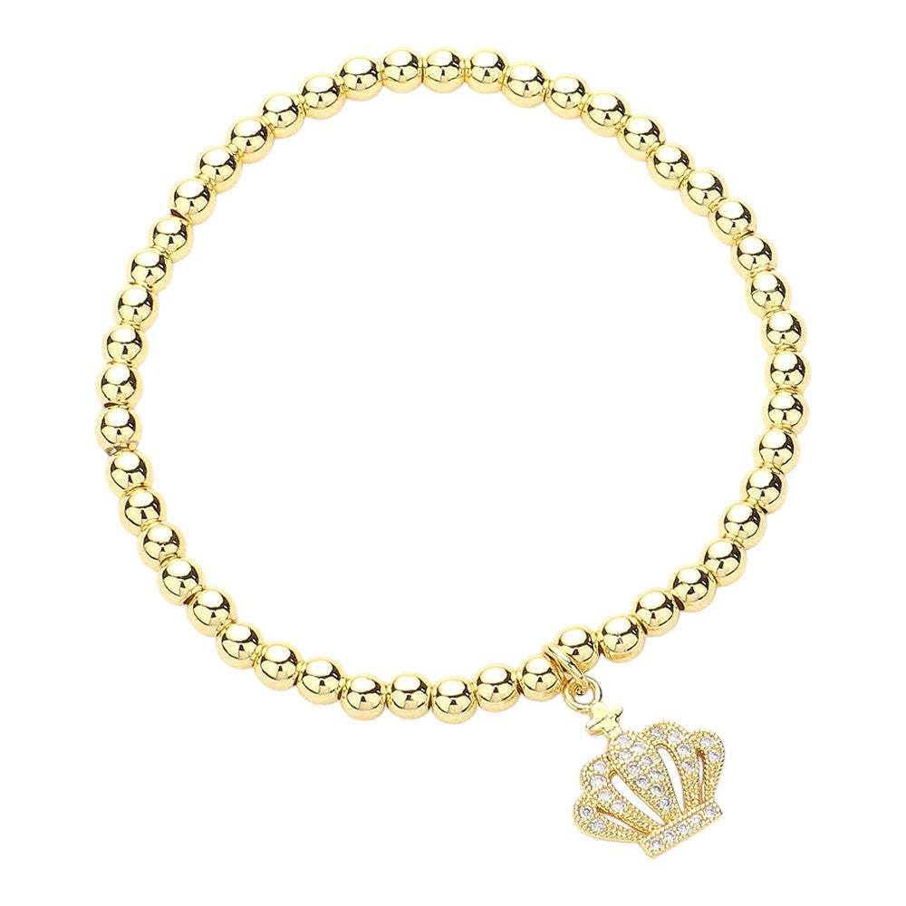 CZ Stone Paved Crown Charm Stainless Steel Ball Beaded Stretch Bracelet - Madeline Love - Flyclothing LLC