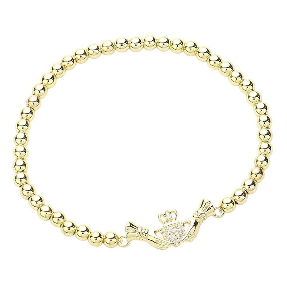 CZ Stone Paved Irish Claddagh Stainless Steel Ball Stretch Bracelet - Madeline Love - Flyclothing LLC
