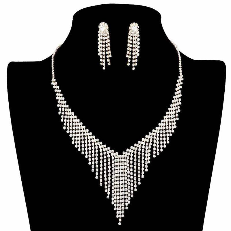 Chevron Accented Rhinestone Pave Fringe Necklace - Madeline Love - Flyclothing LLC