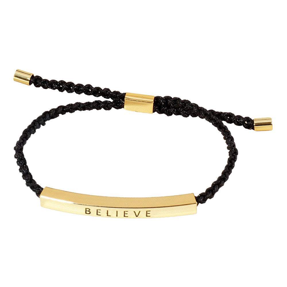 Gold Dipped Believe Message Bar Rope Pull Tie Bracelet - Madeline Love - Flyclothing LLC