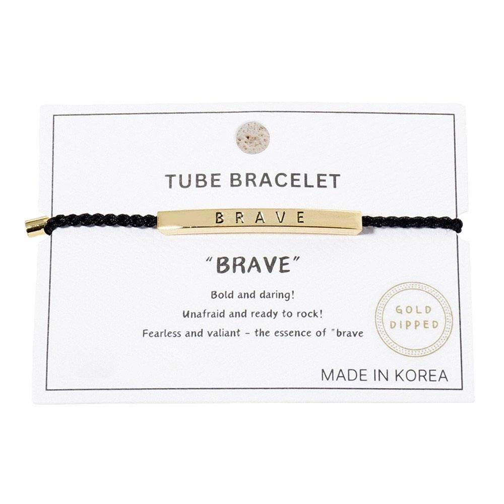 Gold Dipped BRAVE Bar Pointed Rope Pull Tie Bracelet - Madeline Love - Flyclothing LLC