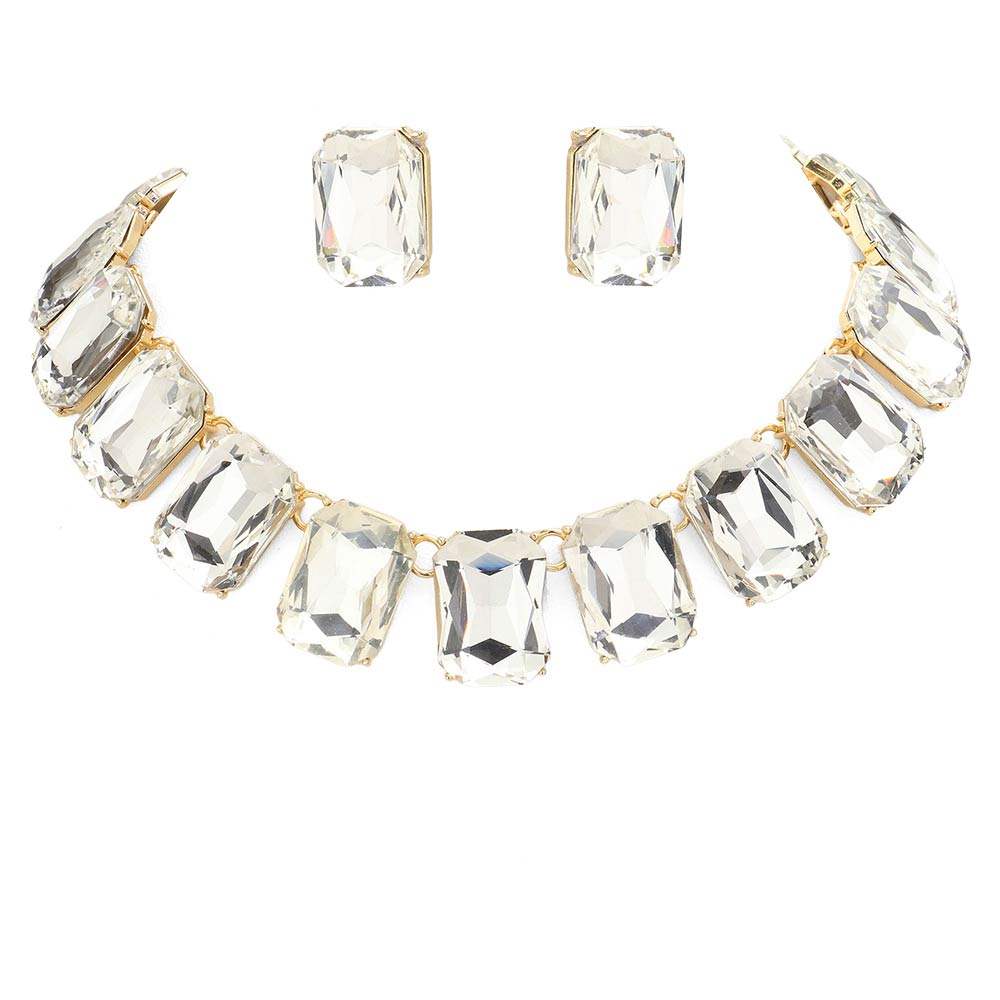 Emerald Cut Stone Link Evening Necklace Earring Set - Madeline Love - Flyclothing LLC