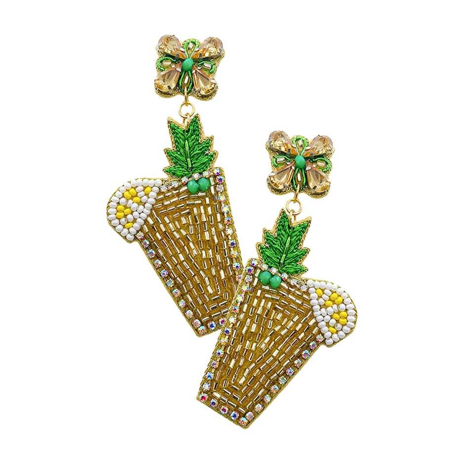 Felt Back Embroidery Leaf Beaded Lemon Cocktail Earrings - Madeline Love - Flyclothing LLC