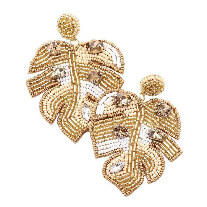 Felt Back Stone Embellished Seed Beaded Leaf Dangle Earring - Madeline Love - Flyclothing LLC