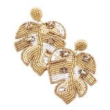 Felt Back Stone Embellished Seed Beaded Leaf Dangle Earring - Madeline Love - Flyclothing LLC