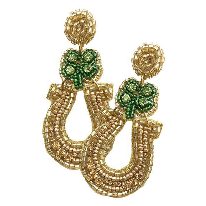 Felt Back Stone Seed Beaded Clover Horseshoe Dangle Earrings - Madeline Love - Flyclothing LLC