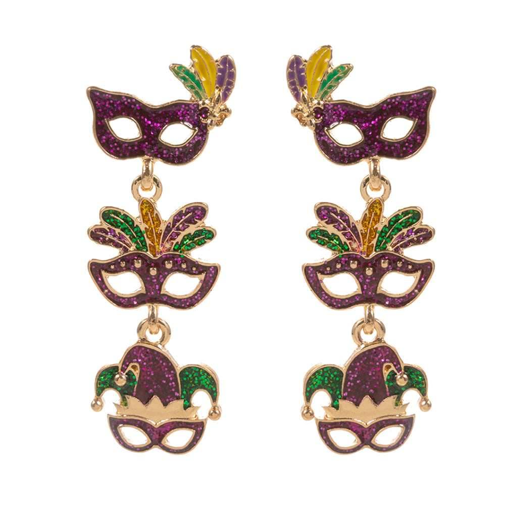 Glittered Enamel Mardi Gras Mask Link Dropdown Dangle Earrings - Madeline Love - Flyclothing LLC