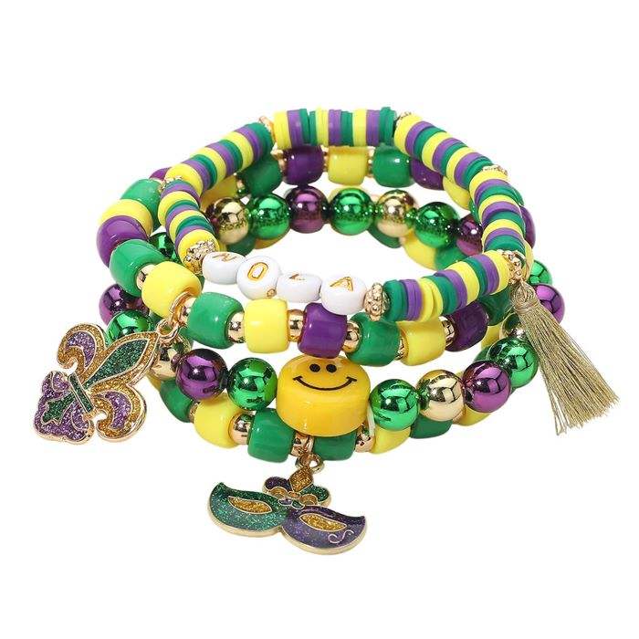 4PCS - Mardi Gras Eye Mask Fleur de Lis Charm Smile Beaded Stretch Multi Layered Bracelets - Madeline Love - Flyclothing LLC