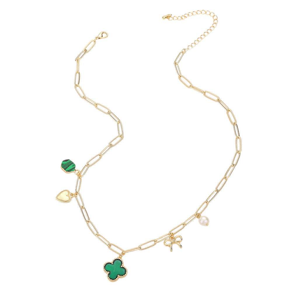 Quatrefoil Bow Heart Pearl Charm Station Paperclip Chain Necklace - Madeline Love - Flyclothing LLC