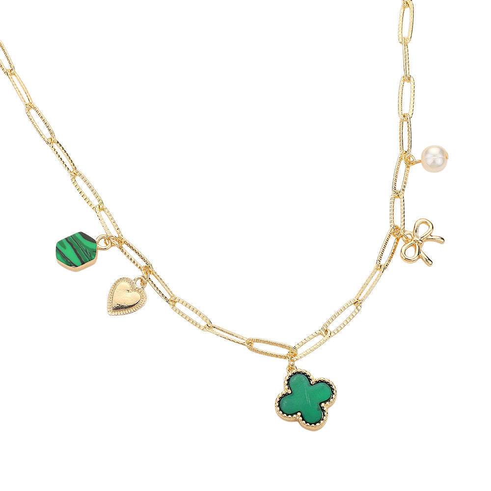 Quatrefoil Bow Heart Pearl Charm Station Paperclip Chain Necklace - Madeline Love - Flyclothing LLC