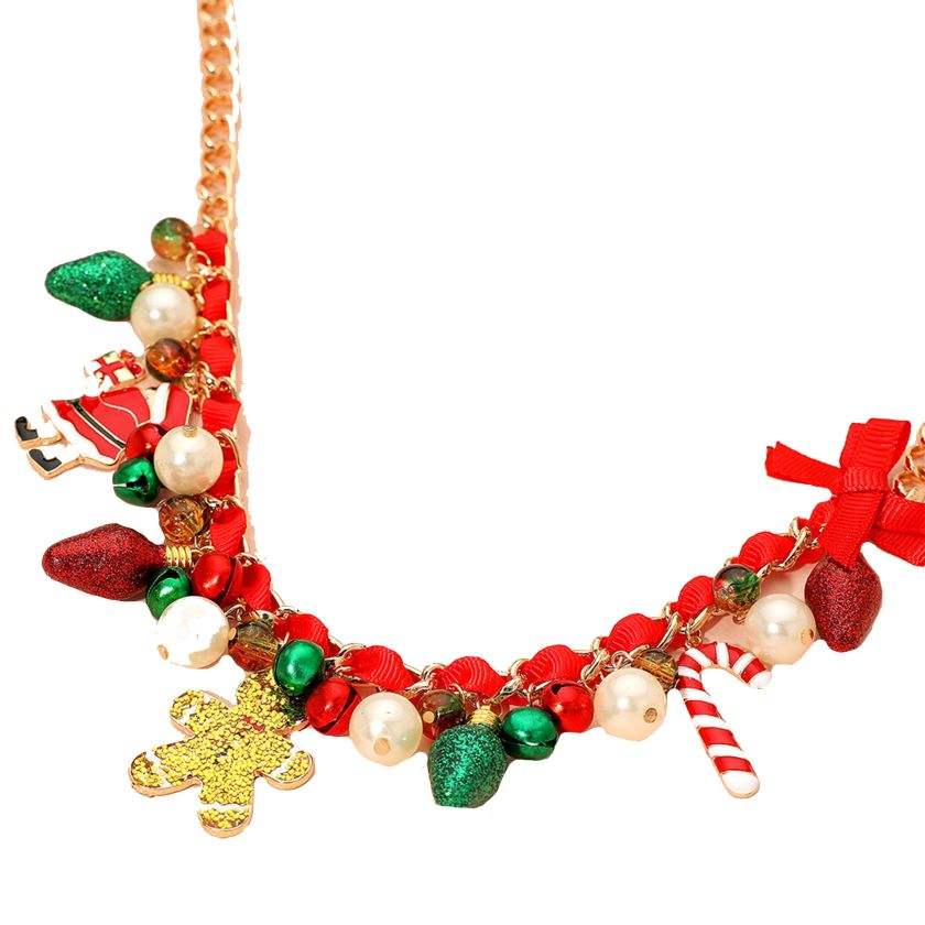 Holiday Santa Gingerbread Man Candy Cane Pearl Bow Charm Beaded Necklace - Madeline Love - Flyclothing LLC
