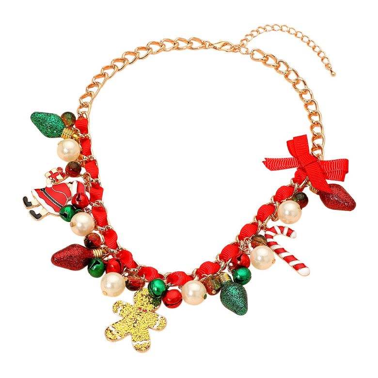 Holiday Santa Gingerbread Man Candy Cane Pearl Bow Charm Beaded Necklace - Madeline Love - Flyclothing LLC
