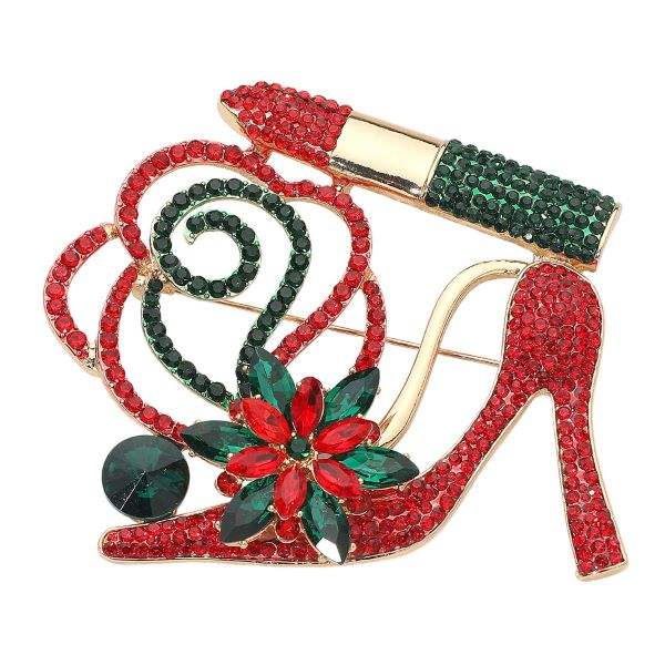 Rhinestone Embellished Flower Accent Glam High Heel Lipstick Pin Brooch - Madeline Love - Flyclothing LLC