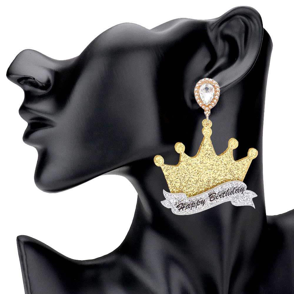 Happy Birthday Glittered Resin Crown Dangle Earrings - Madeline Love - Flyclothing LLC