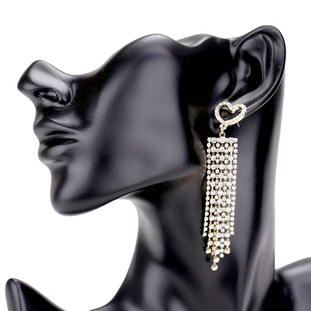 Heart Accented Rhinestone Fringe Earrings - Madeline Love - Flyclothing LLC