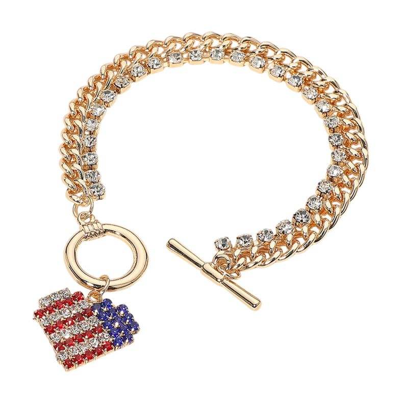 Stone Paved American USA Flag Charm Chunky Chain Toggle Bracelet - Madeline Love - Flyclothing LLC