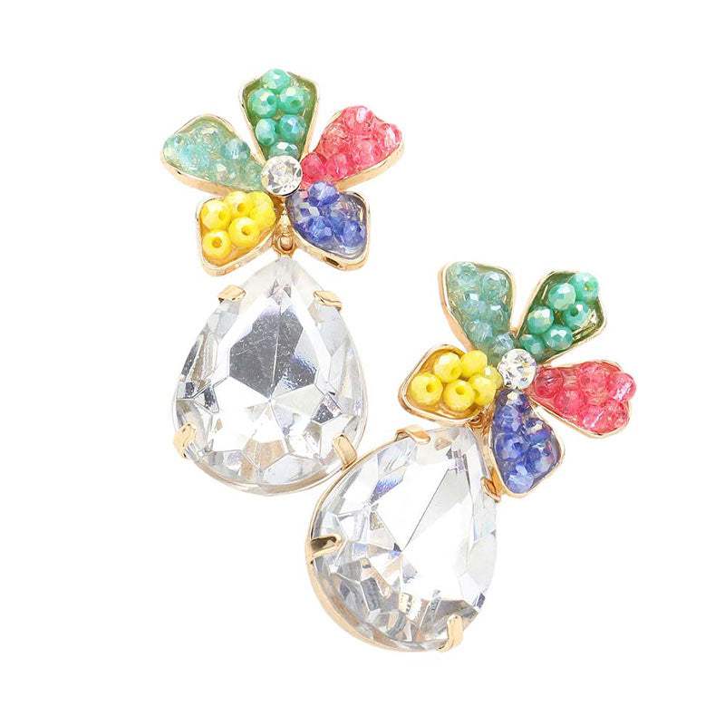 Beaded Flower Teardrop Stone Link Dangle Earrings - Madeline Love - Flyclothing LLC