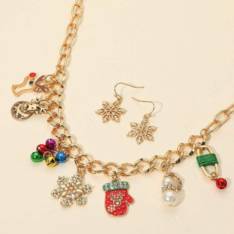 Christmas Mitten Reindeer Pearl Snowflake Charm Station Necklace - Madeline Love - Flyclothing LLC
