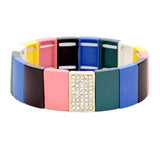 Colorful Wood Rectangle Rhinestone Pave Stretch Bracelet - Madeline Love - Flyclothing LLC