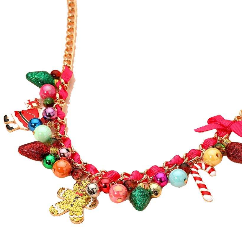 Holiday Santa Gingerbread Man Candy Cane Pearl Bow Charm Beaded Necklace - Madeline Love - Flyclothing LLC