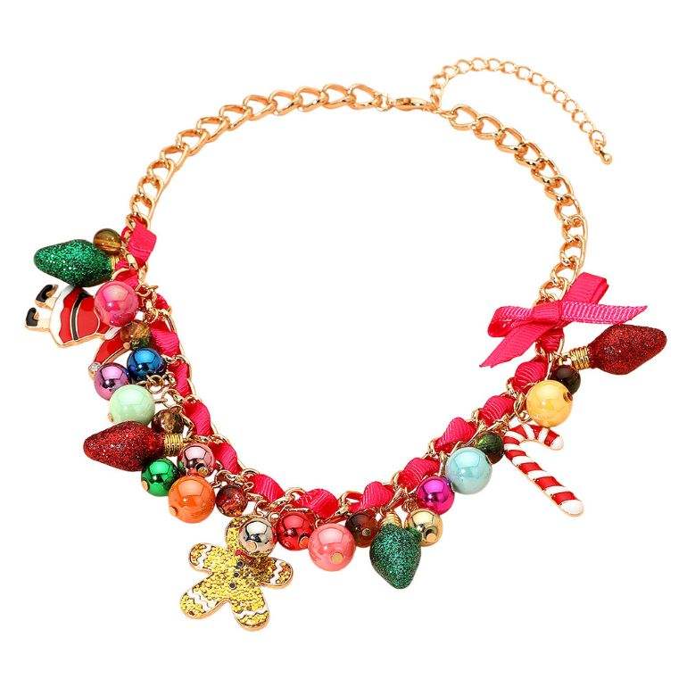Holiday Santa Gingerbread Man Candy Cane Pearl Bow Charm Beaded Necklace - Madeline Love - Flyclothing LLC