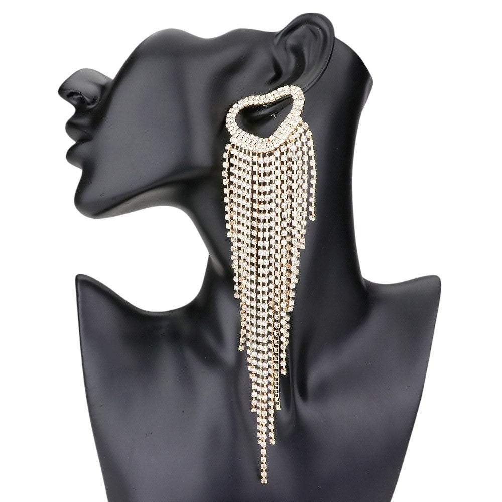 Open Heart Accented Rhinestone Fringe Dangle Evening Earrings - Madeline Love - Flyclothing LLC