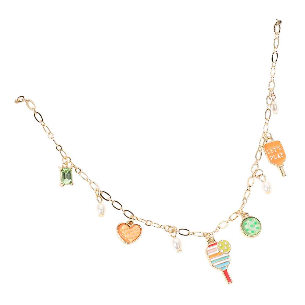 Lets Play Message Enamel Pickleball Pearl Charm Station Necklace - Madeline Love - Flyclothing LLC
