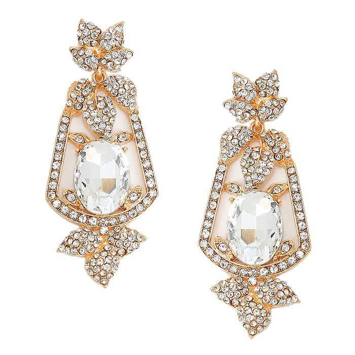 Oval Crystal Rhinestone Leaf Evening Earrings - Madeline Love - Flyclothing LLC