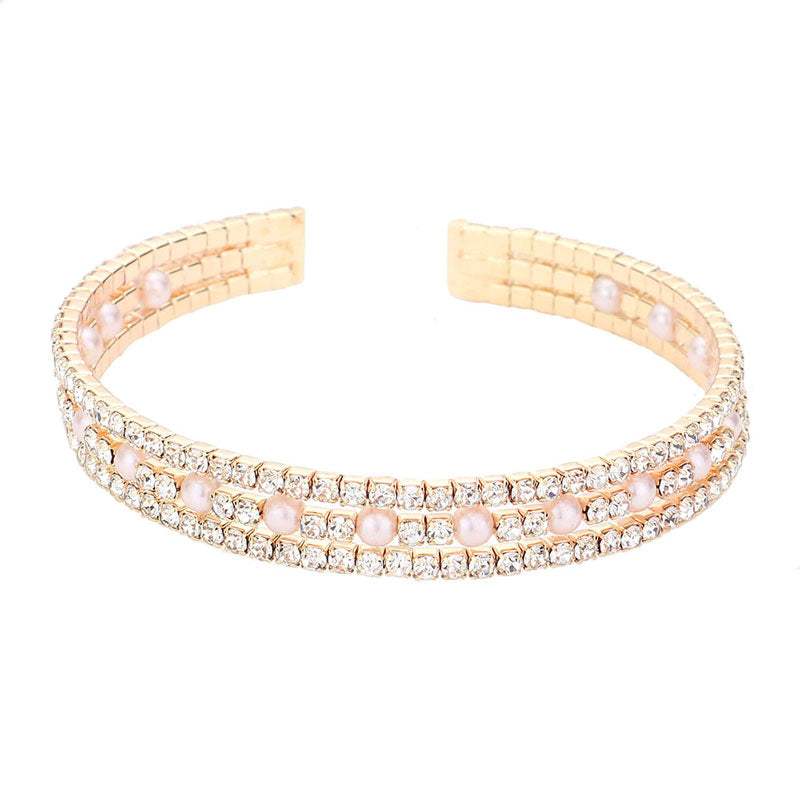 Pearl Accented Split Rhinestone Cuff Evening Bracelet - Madeline Love - Flyclothing LLC